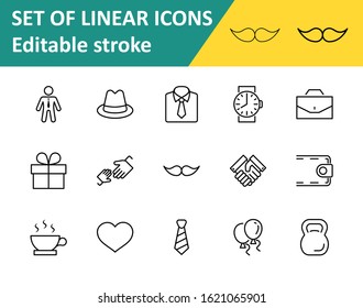 Father's Day Set Line Vector Icons. Contains such Icons as Mustache, tie, shirt, handshake, diplomat, hat, coffee, purse, gift, portfolio and more. Editable Stroke. 32x32 Pixels