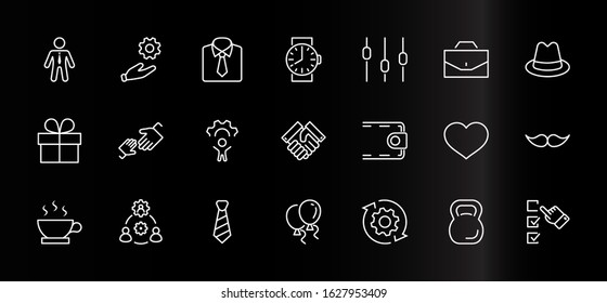 Father's Day Set Line Vector Icons. Contains such Icons as Mustache, tie, shirt, handshake, diplomat, hat, coffee, purse, gift, portfolio and more. Editable Stroke. 32x32 Pixels