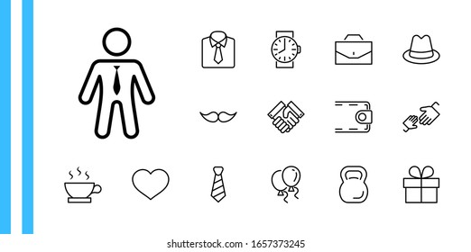 Father's Day Set Line Vector Icons. Contains such Icons as Mustache, tie, shirt, handshake, diplomat, hat, coffee, purse, gift, portfolio and more. Editable Stroke. 32x32 Pixels