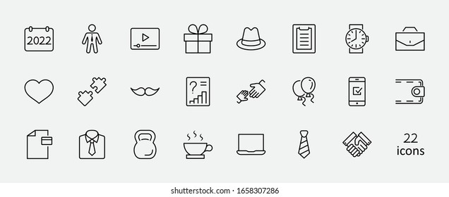 Father's Day Set Line Vector Icons. Contains such Icons as Mustache, tie, shirt, handshake, diplomat, hat, coffee, purse, gift, portfolio and more. Editable Stroke. 32x32 Pixels
