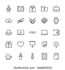 Father's Day Set Line Vector Icons. Contains such Icons as Mustache, tie, shirt, handshake, diplomat, hat, coffee, purse, gift, portfolio and more. Editable Stroke. 32x32 Pixels