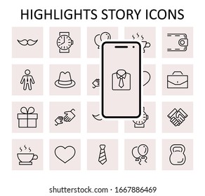 Father's Day Set Line Vector Icons. Contains such Icons as Mustache, tie, shirt, handshake, diplomat, hat, coffee, purse, gift, portfolio and more. Editable Stroke. 32x32 Pixels