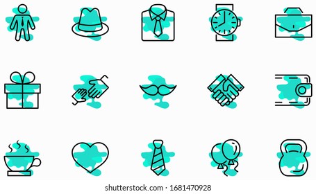 Father's Day Set Line Vector Icons. Contains such Icons as Mustache, tie, shirt, handshake, diplomat, hat, coffee, purse, gift, portfolio and more. Editable Stroke. 32x32 Pixels