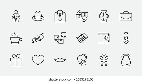 Father's Day Set Line Vector Icons. Contains such Icons as Mustache, tie, shirt, handshake, diplomat, hat, coffee, purse, gift, portfolio and more. Editable Stroke. 32x32 Pixels