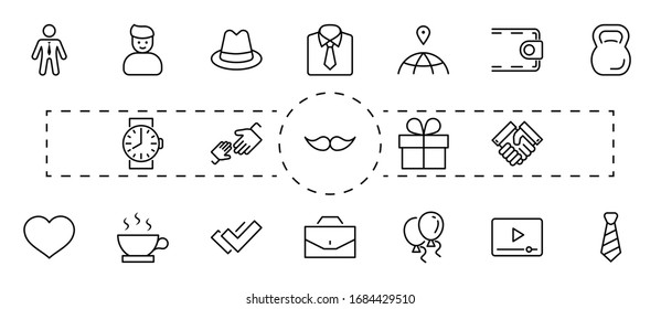 Father's Day Set Line Vector Icons. Contains such Icons as Mustache, tie, shirt, handshake, diplomat, hat, coffee, purse, gift, portfolio and more. Editable Stroke. 32x32 Pixels