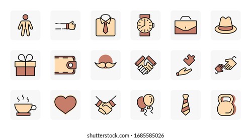 Father's Day Set Line Vector Icons. Contains such Icons as Mustache, tie, shirt, handshake, diplomat, hat, coffee, purse, gift, portfolio and more. Editable Stroke. 32x32 Pixel Perfect