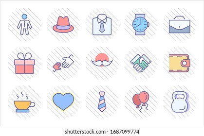 Father's Day Set Line Vector Icons. Contains such Icons as Mustache, tie, shirt, handshake, diplomat, hat, coffee, purse, gift, portfolio and more. Editable Stroke. 32x32 Pixel Perfect