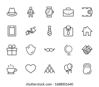 Iconos vectores de línea del Día del Padre. Contiene íconos como Mustache, corbata, pantalones, apretón de manos, diplomático, sombrero, café, bolso, regalo, portafolio y más. Trazo editable. 32 x 32 píxeles