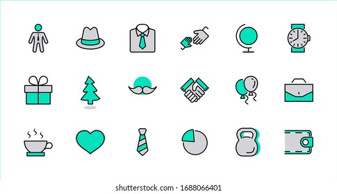 Father's Day Set Line Vector Icons. Contains such Icons as Mustache, tie, shirt, handshake, diplomat, hat, coffee, purse, gift, portfolio and more. Editable Stroke. 32x32 Pixel Perfect