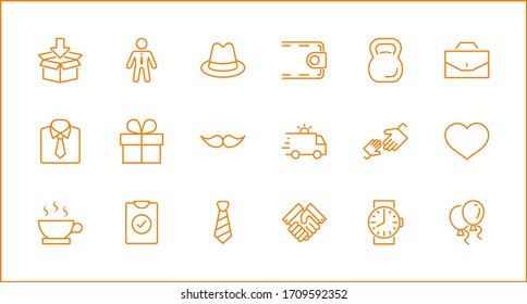 Father's Day Set Line Vector Icons. Contains such Icons as Mustache, tie, shirt, handshake, diplomat, hat, coffee, purse, gift, portfolio and more. Editable Stroke. 32x32 Pixels