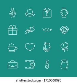 Father's Day Set Line Vector Icons. Contains such Icons as Mustache, tie, shirt, handshake, diplomat, hat, coffee, purse, gift, portfolio and more. Editable Stroke. 32x32 Pixels