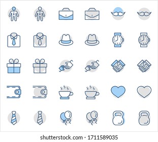 Vatertag Set Line Vektorsymbole. Enthält solche Symbole wie Mustache, Krawatte, Hemd, Handshake, Diplomat, Hut, Kaffee, Handtasche, Geschenk, Portfolio und mehr. Bearbeitbarer Stroke. 32 x 32 Pixel perfekt