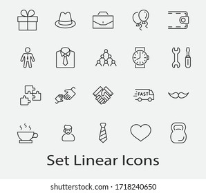 Father's Day Set Line Vector Icons. Contains such Icons as Mustache, tie, shirt, handshake, diplomat, hat, coffee, purse, gift, portfolio and more. Editable Stroke. 32x32 Pixels