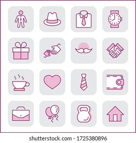 Vektor-Symbole zum Vatertag setzen. Enthält solche Icons wie Mustache, Krawatte, Hemd, Handshake, Diplomat, Hut, Kaffee, Geldbörse, Geschenk, Portfolio und mehr. Bearbeitbarer Stroke. 32 x 32 Pixel perfekt
