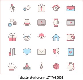 Father's Day Set Line Vector Icons. Contains such Icons as Mustache, tie, shirt, handshake, diplomat, hat, coffee, purse, gift, portfolio and more. Editable Stroke. 32x32 Pixel Perfect