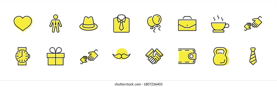 Iconos vectores de línea del Día del Padre. Contiene íconos como bigote, corbata, camisa, apretón de manos, diplomático, sombrero, café, bolso, regalo, portafolio y más. Stroke editable. Pixel Perfect