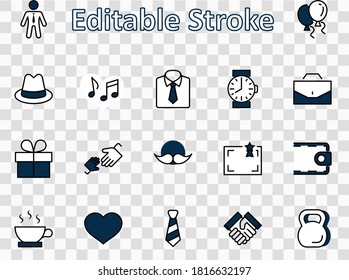 Father's Day Set Line Vector Icons. Contains such Icons as Mustache, tie, shirt, handshake, diplomat, hat, coffee, purse, gift, portfolio and more. Editable Stroke. 32x32 Pixel Perfect