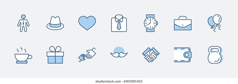 Father's Day Set Line Vector Icons. Contains such Icons as Mustache, tie, shirt, handshake, diplomat, hat, coffee, purse, gift, portfolio and more. Editable Stroke. 32x32 Pixel Perfect.