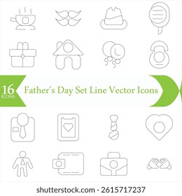  Father's Day Set Line Vector Icons. Contains such Icons as Mustache, tie, shirt, handshake, diplomat, hat, coffee, purse, gift, portfolio and more. Editable Stroke.