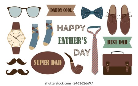 El día del padre está listo. Ropa y accesorios para hombre. Concepto de Festiva. Ilustración vectorial aislada para su diseño