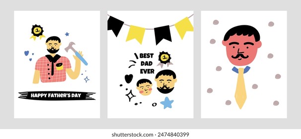Father's Day set of postcards in flat lay styling. Promotion and shopping template for love dad. Father's Day poster template with necktie and mustache. vector illustration