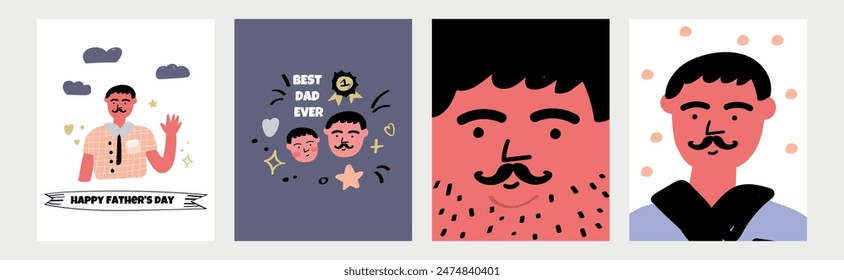 Father's Day set of postcards in flat lay styling. Promotion and shopping template for love dad. Father's Day poster template with necktie and mustache. vector illustration