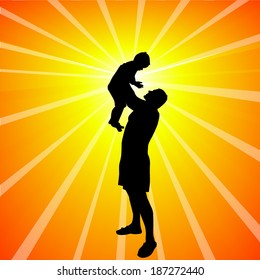 Father's Day. shining background. A child in the arms of his father. Vector