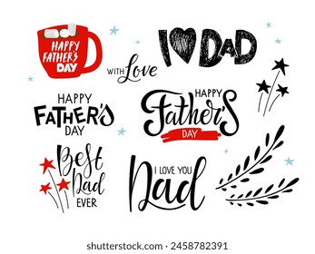 Father's day sign set. Vector Happy Fathers Day hand written set for greeting cards, invitation, social media. Happy Father's Day Design Collection. Holiday inscriptions. hand lettering quotes.