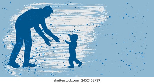 Father's day. Silhouette of father and baby first steps on blue background with splashes, copy space. Vector illustration.