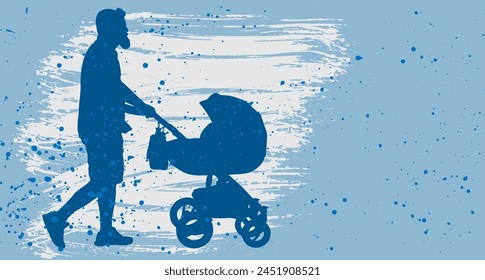 Día del padre. Silueta de hombre feliz con cochecito de bebé sobre fondo azul con salpicaduras, espacio de copia. Ilustración vectorial.