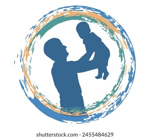 Father's day. Silhouette of happy man holding child in his arms in grunge round frame. Vector illustration.