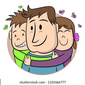 Father's Day. Smiling Children Hugging Their Father. Cartoon vector illustration. Hand drawn style greeting card for father's day. Cute little boy and girl. Sticker, Logo, card, banner, poster.