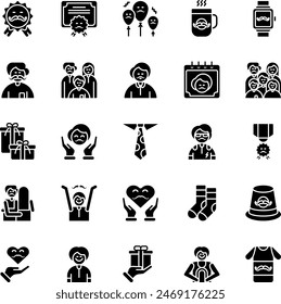 Fathers Day Solid Icons Set. Contains Icons such as Appreciation,Bond,Balloons,Mug,Watch,Dad,Family,Father,Fathers Day,Parent,Gift,Gratitude,Tie,Hero,Honor,Hug,Joy,Love,Socks,