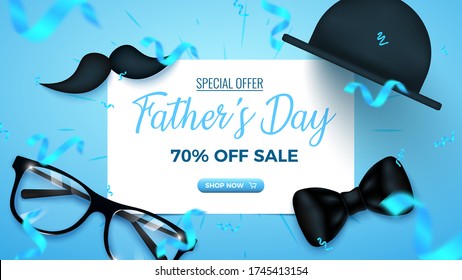 Father's Day Special Offer. 70% Off Sale banner design with white frame, glasses, hat, mustache and foil confetti and white air balloons on blue background. Father's Day Template