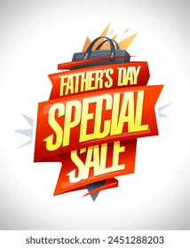 Father's Day special sale poster design with red ribbons, golden lettering and shopping bag