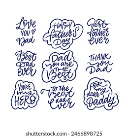 Fathers Day stickers in blue with messages for celebrating dads, featuring designs and illustrations