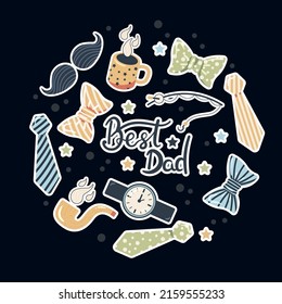 Father's day stickers set with lettering  in circular shape. Collection of male icons on a black background. Vector illustrations for greeting card design