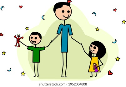 Father's day stickman art Dad with a son and daughter 
