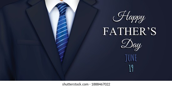 Fathers day suit realistic horizontal composition with editable ornate text with date and smart costume background vector illustration