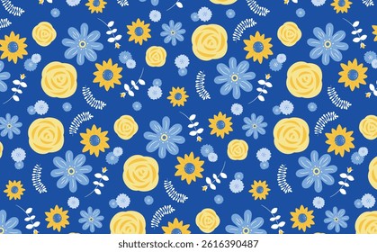 Father's Day summery roses and sunflowers seamless pattern floral background illustration	