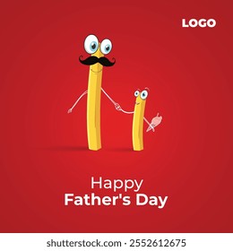 A Father's day symbol made with french fries or fast food. The father holds his baby or child's concept for restaurant and fast food brands and copy space.