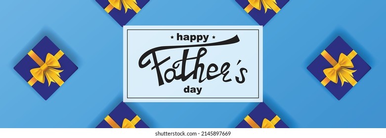 Father's Day template with gift boxes on blue background. Realistic vector illustration for Father's Day. For banners, flyers, cards, posters. 