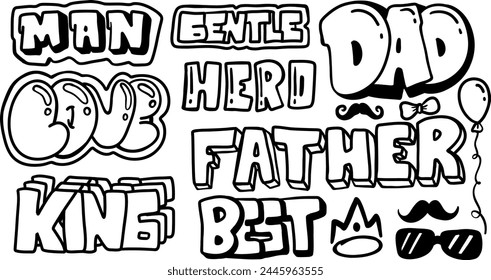 Elemento de texto Día del padre. Conteniendo a papá, padre, mejor, rey, gentil, héroe, amor, hombre. Ilustración vectorial