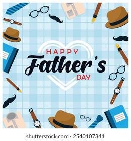 Father's Day text with a gift. Gifts for dad shirts, hats, glasses, and watches. Father's Day concept. Flat vector illustration.