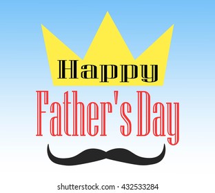 Father's Day text on a blue background with a gold crown and a mustache. 