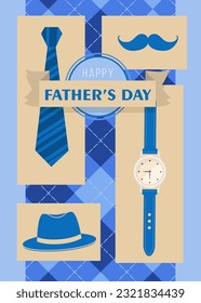 Father's Day Theme Vertical Poster and Greeting Card Template Design with Blue Pattern and men's objects