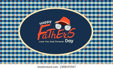 Father's Day Typography Design with  Hat and Specs Vector. Argyle vector pattern squares with thin orange dotted line. Seamless geometric background for men's clothing, wrapping paper. Dad's Day.