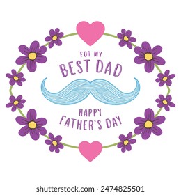 Vatertag Vektorgrafik Design! Mit handgeschriebener "Happy Father's Day"-Typografie, zwei rosa Herzen, Blumenblüte und einem Schnurrbart. Perfekt für herzliche Social-Media-Beiträge.isoliert auf weiß BG.