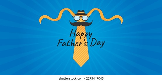 Father's day vector background with hat, glasses, moustache and tie elements on blue background. Best concept for posters, banners, greeting cards and more