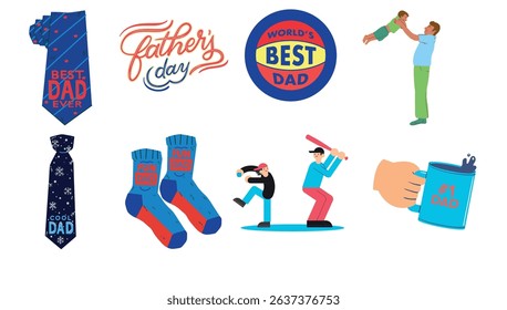 Father's Day vector bundle with funny dad illustrations, gifts, socks, mugs, and father-son activities. Perfect for greeting cards and posters.

